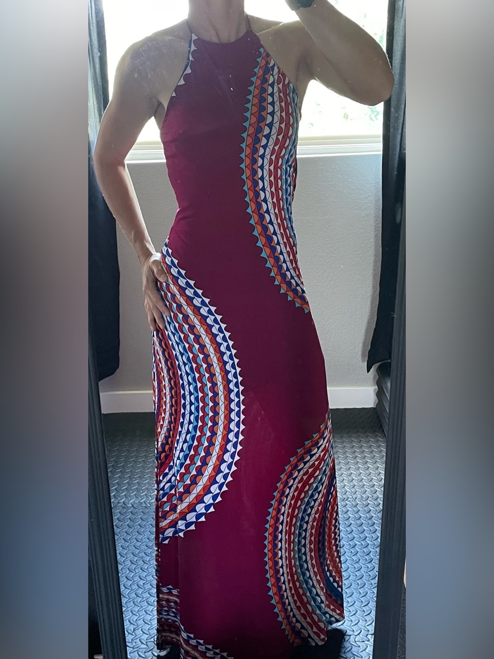 Halter Maxi Dress in Burgundy with Geometric Print